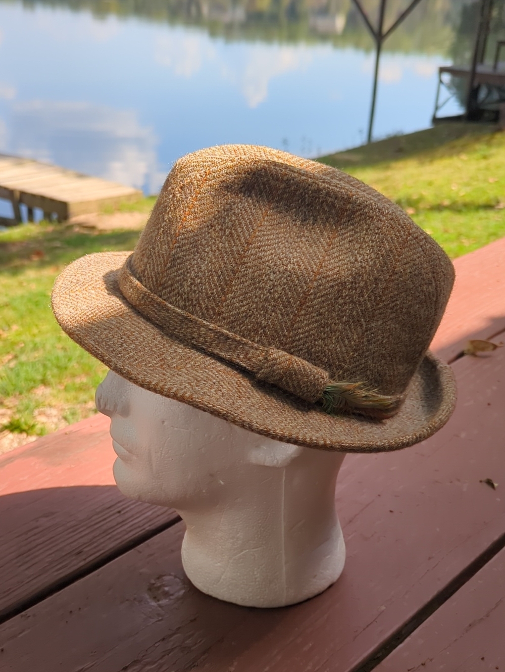 ADAM Vintage Tan Tweed Fedora Hat with Feather Trim